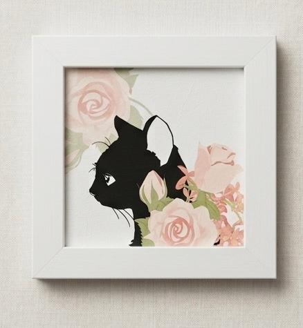 バラと黒猫のシルエット・アートフレーム